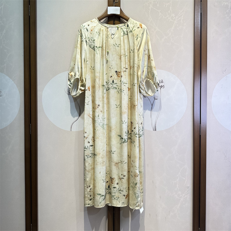 中式真丝弹力斜纹绸落肩七分袖桑蚕丝时尚宽松气质连衣裙2-3-5