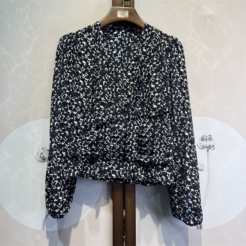 真丝双绉碎花通勤V领长袖百搭气质修身衬衫桑蚕丝双层上衣27-2-3