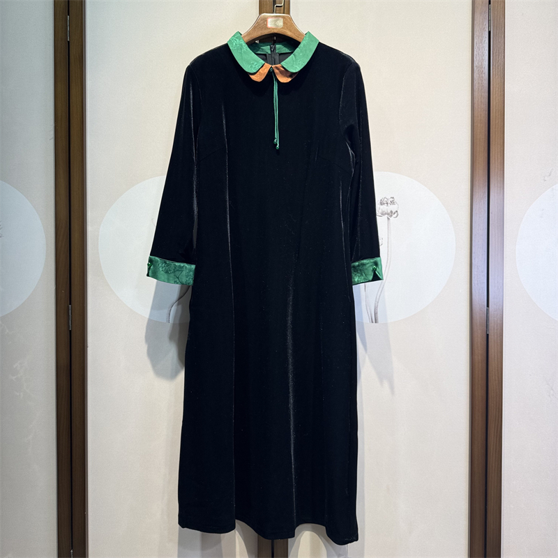 新款聚酯金丝绒轻奢气质娃娃领长袖通勤时尚休闲百搭连衣裙5-5-8