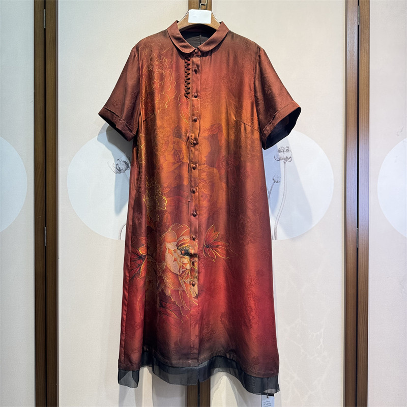 真丝香云纱提花花萝娃娃领短袖百搭时尚减龄桑蚕丝连衣裙7-3-4