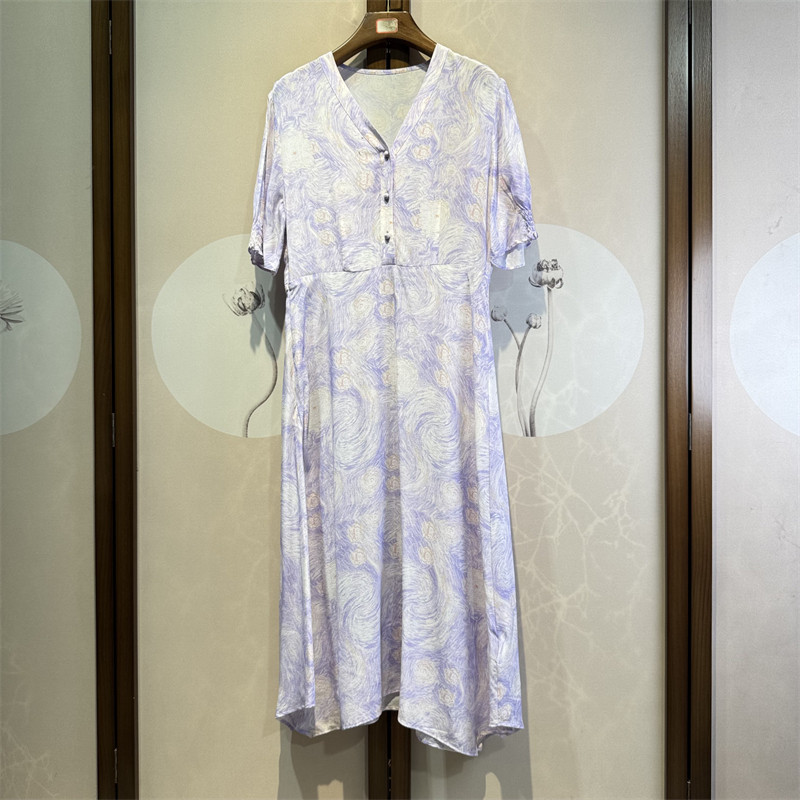 真丝双绉印花通勤V领短袖连衣裙桑蚕丝清新气质修身A字裙女5-2-3