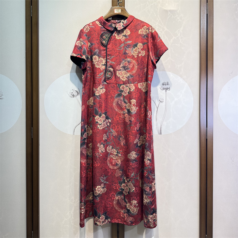 真丝混纺棉提花花萝娃娃领短袖百搭修身气质桑蚕丝连衣裙5-3-3