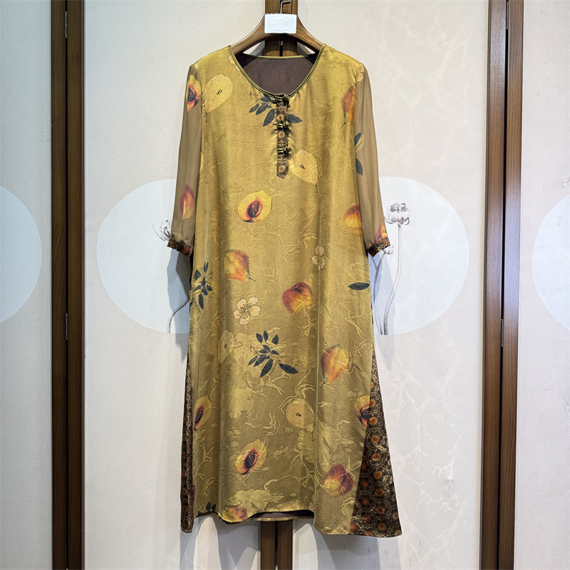 真丝红云纱提花花萝圆领长袖桑蚕丝百搭时尚气质直筒连衣裙7-3-5