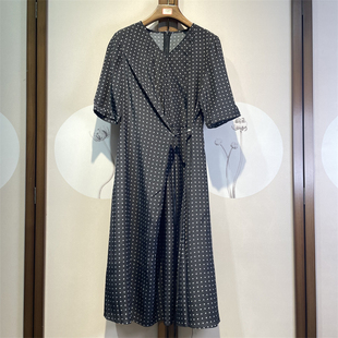 真丝双绉系带圆圈印花V领短袖A字版桑蚕丝百搭连衣裙4-3-7