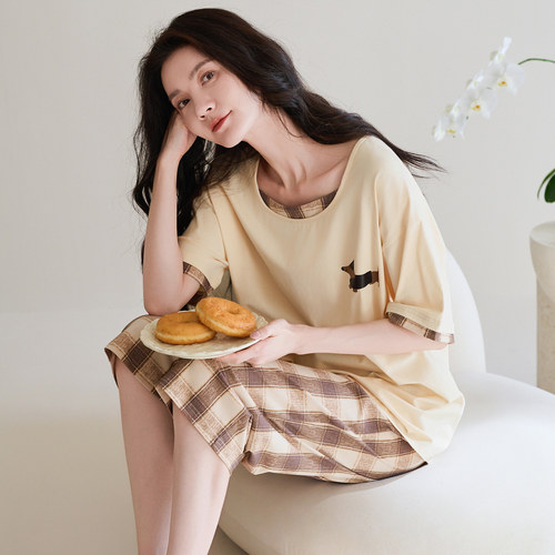 夏季女款圆领套头短袖七分裤睡衣套装全棉质家居服可外穿休闲韩版