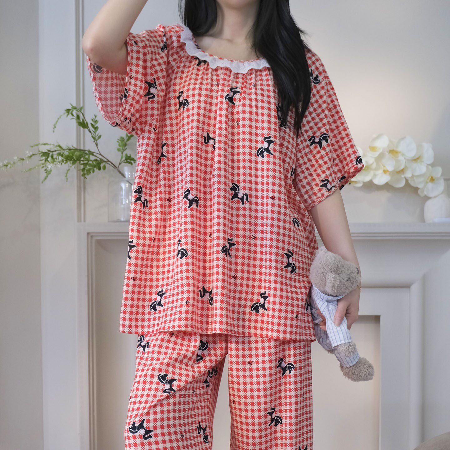 女款人造棉质短袖长裤睡衣夏季女士加大码胖MM家居服套装棉绸圆领