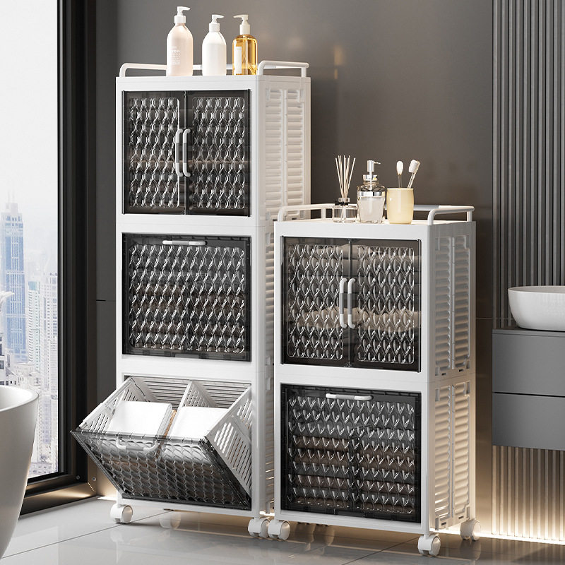 脏衣篮家用衣服收纳分层置物架带轮浴室可折叠开门式收纳柜脏衣篓