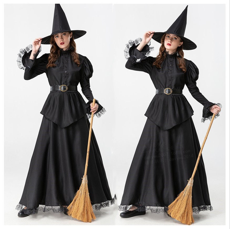 欧美万圣节新款服装cos绿野仙踪黑色女巫长裙巫婆化妆舞会演出服