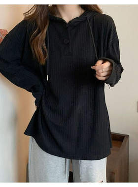 宽松慵懒风连帽卫衣女款春秋大码打底衫胖mm显瘦遮肚欧货抽绳上衣