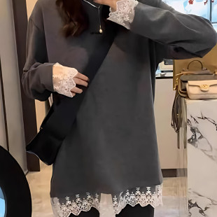 大码韩版蕾丝边拼接薄款中长款打底衫女早秋长袖t恤内衬打底上衣