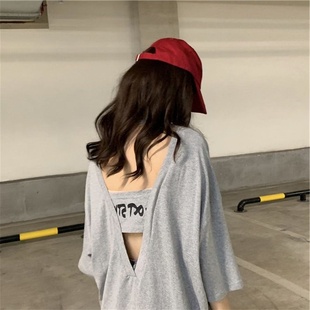 2025新款 t恤女ins潮跨境 t恤女设计感洋气宽松韩版 露背性感短袖