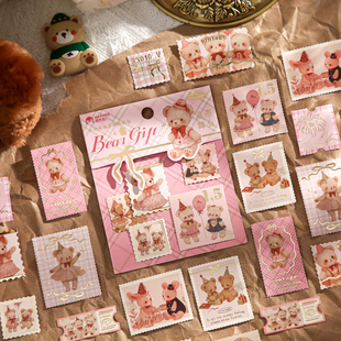 小熊礼物烫金手账贴纸可爱复古邮票英文咕卡手帐拼贴装 饰素材贴画
