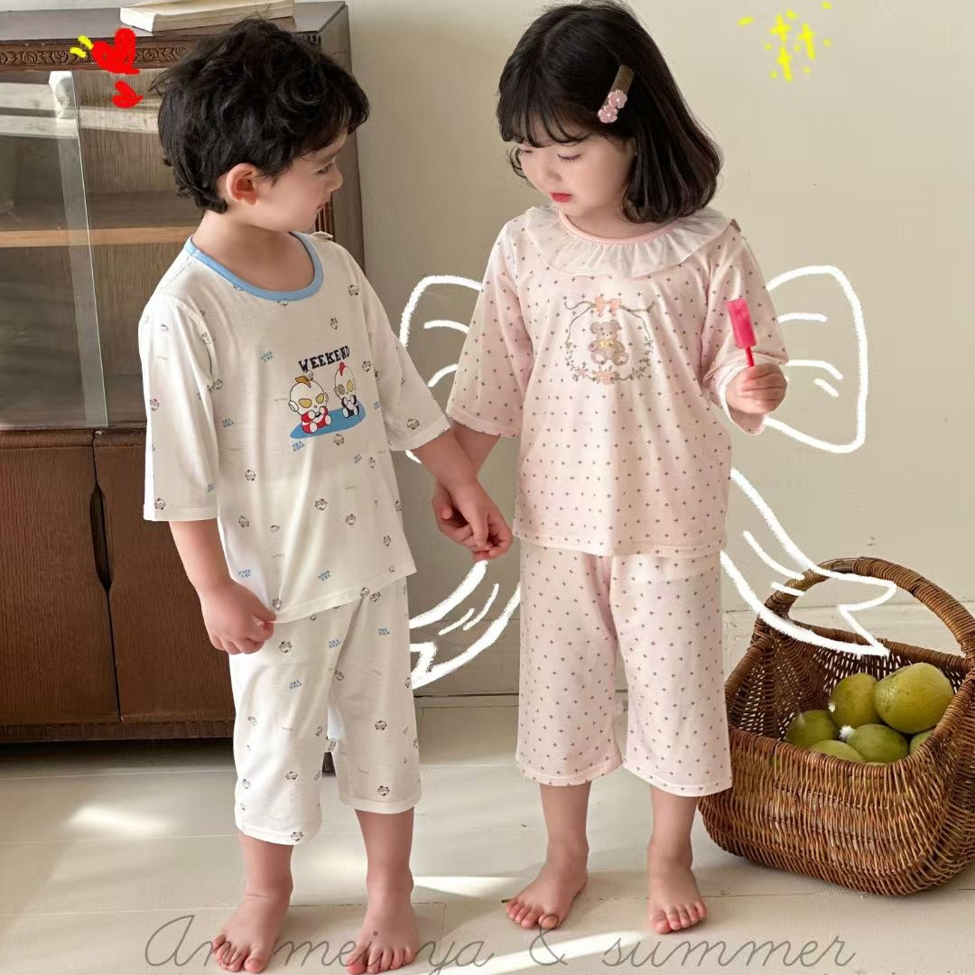 儿童睡衣夏季莫代尔冰丝套装男女童薄款七分袖夏天宝宝空调家居服