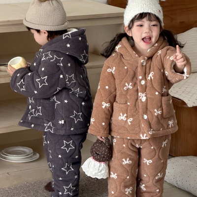 儿童冬季夹棉睡衣男女童三层加厚