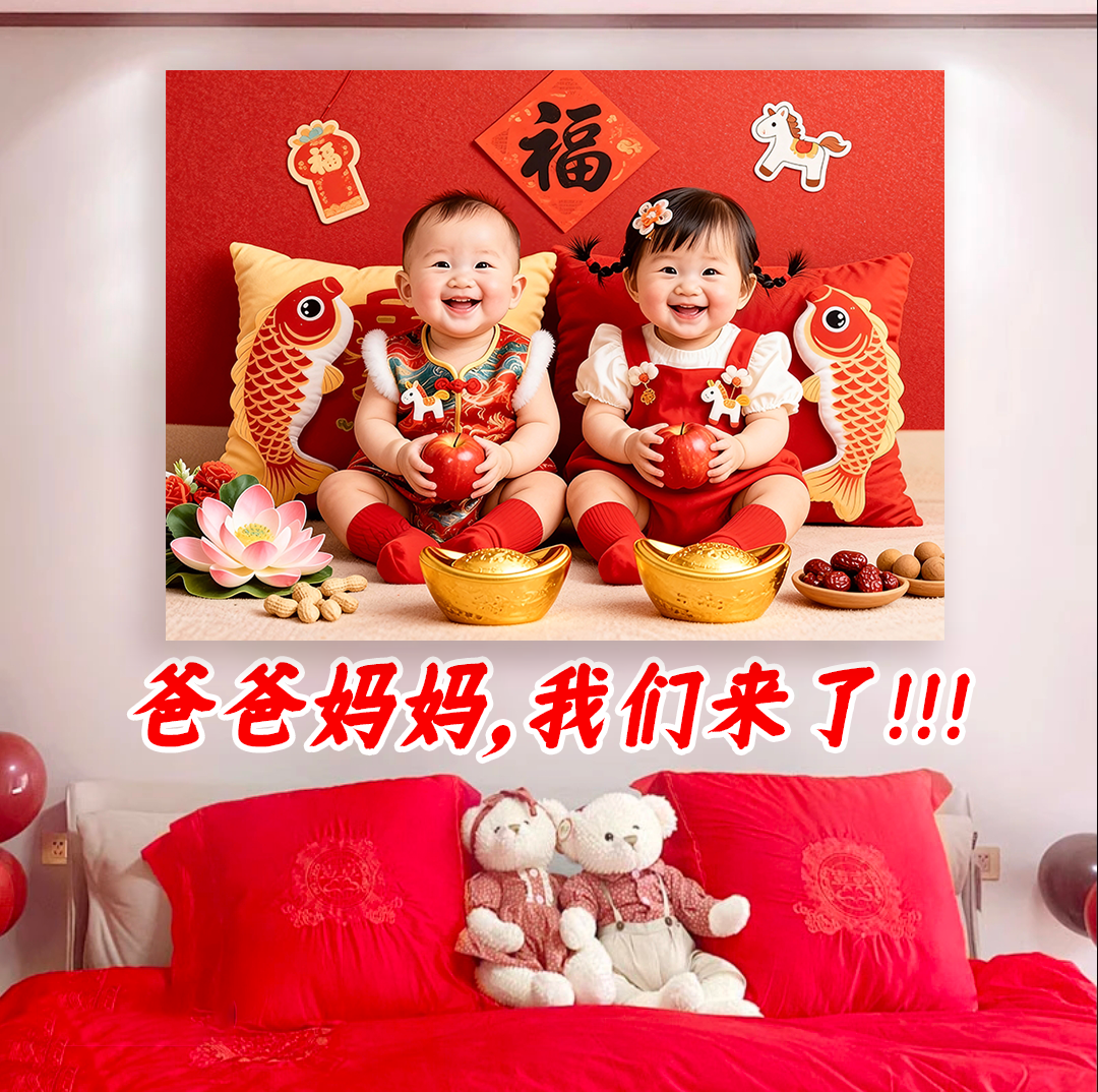龙凤胎宝宝画报墙贴画年画娃娃助备孕求子送子图新婚挂画海报贴画