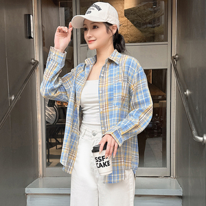 韩版长袖纯棉格子衬衫女