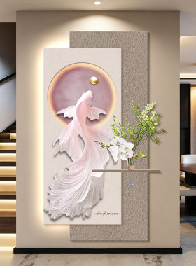 锦鲤玄关装饰画3立体入户正对门挂画奶油风高级感走廊走道灯壁画