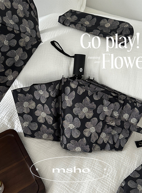 赞msho油画系黑花雨伞upf50+自动晴雨两用女折叠防晒紫外线太阳伞