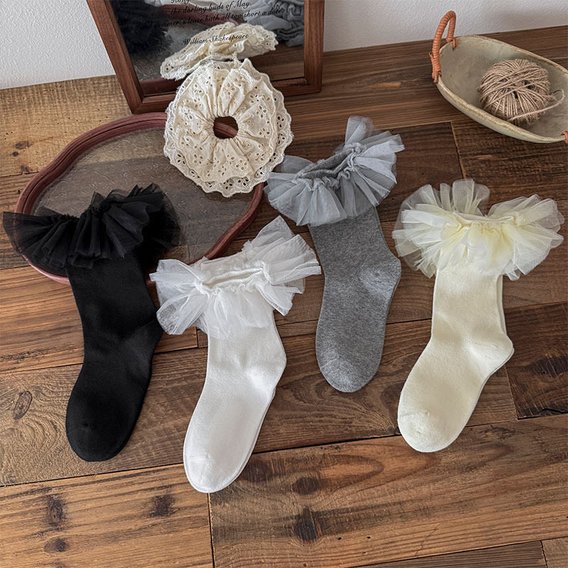 日系Lolita甜美网纱大花边中筒袜女春秋百搭可爱少女软妹风堆堆袜