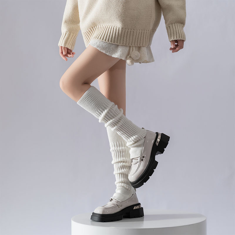 白色竖条堆堆袜套女日系简约纯色百搭踩脚小腿套保暖显瘦搭小皮鞋