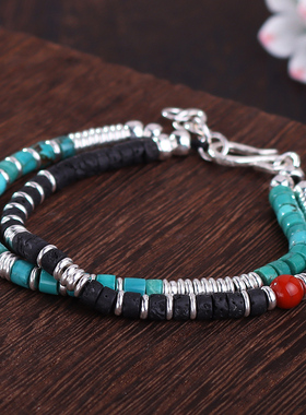 不规则925银高级小众绿松石设计师原创手链嘻哈潮流个性百搭双层