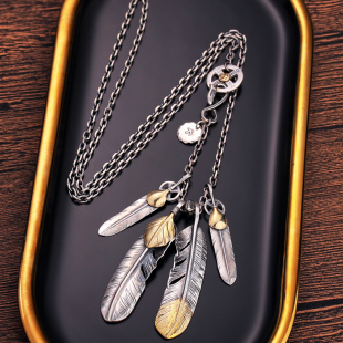 手工银太角链套链高桥吾郎风格羽毛银项链女男士毛衣链明星同款