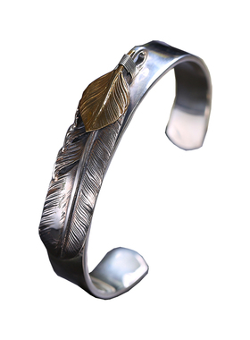 天使之愿S925银饰品手鐲男潮人个性高桥吾郎风格羽毛开口手镯男士