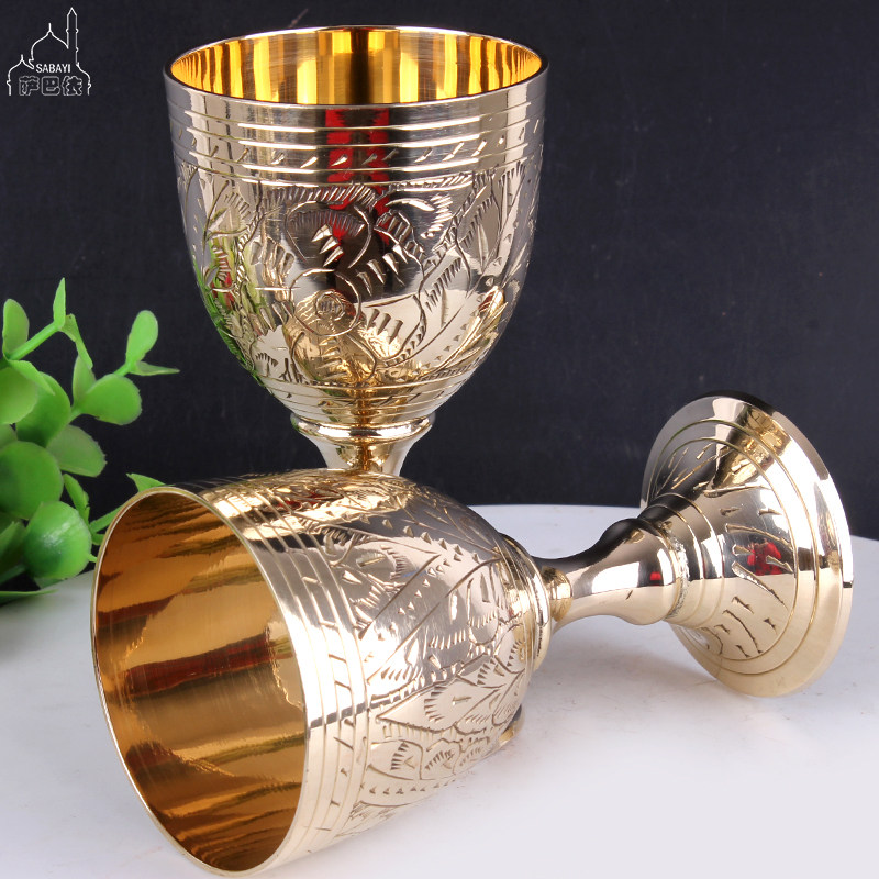 印度铜器仿古典黄铜家用红白酒杯高脚杯中式婚庆铜酒杯雕花烈酒杯