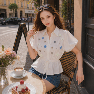 重工立体花朵泡泡袖衬衫女收腰显瘦短款上衣