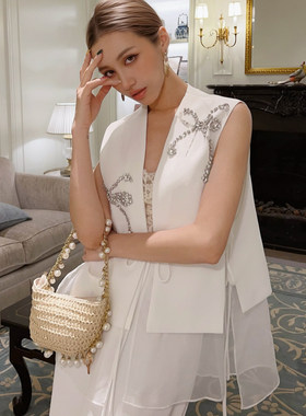 水钻蝴蝶结V领无袖马甲两件套垂感阔腿长裤套装女