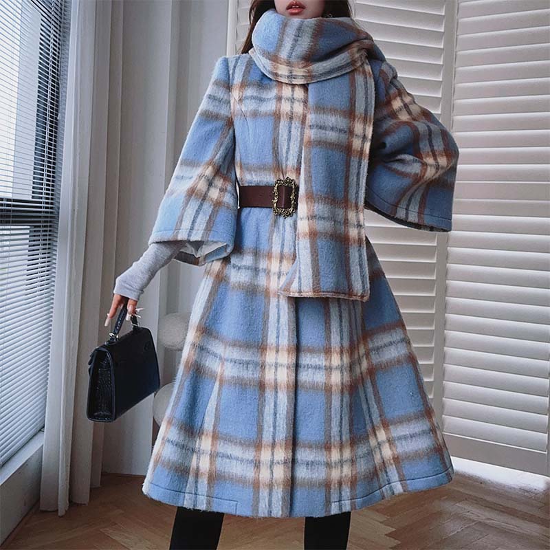 围巾中长款毛呢大衣外套