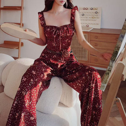 粉红大布娃娃小雏菊印花背心宽松拖地阔腿裤休闲夏日懒人套装女