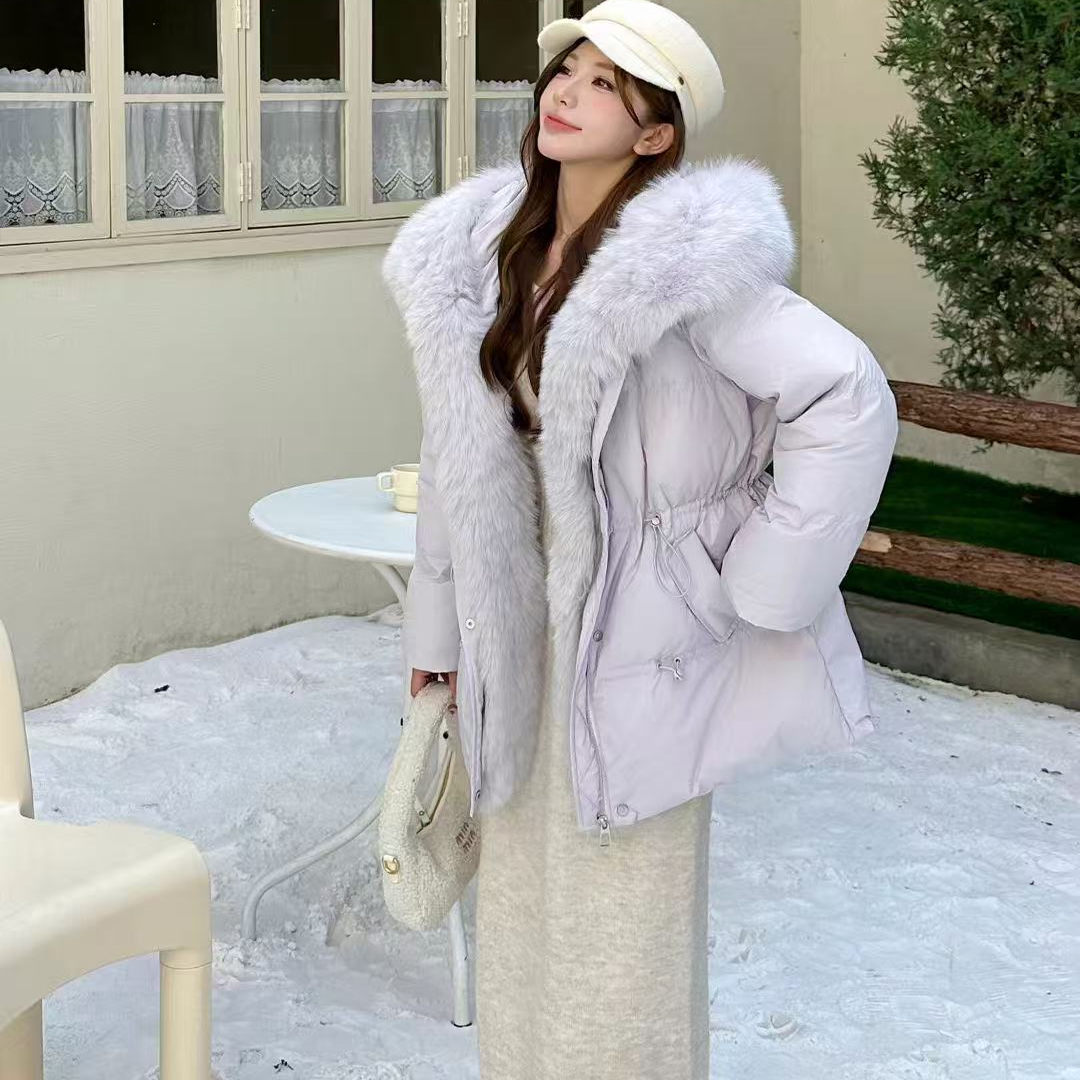 真狐狸毛领收腰羽绒服女时尚修身