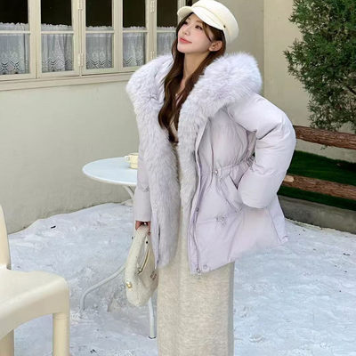 真狐狸毛领收腰羽绒服女时尚修身