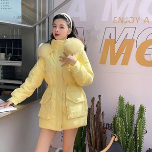 短款白鸭羽绒服女抽绳收腰显瘦显高真狐狸毛领连帽加厚保暖