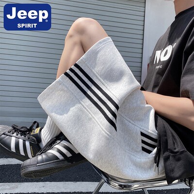 JEEPSPIRIT条纹运动短裤男夏季潮流宽松直筒裤男生阔腿休闲五分裤