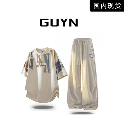 男生透气印花短袖T恤套装男潮流