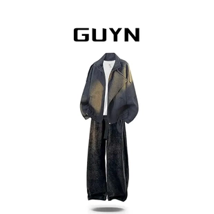 男款 GUYN男裝 混搭一整套秋季 套裝 外套兩件套 肌理感潮牌休閑夾克衫