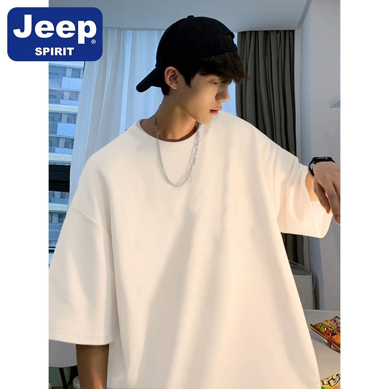 JEEPSPIRIT纯棉重磅t恤夏季小领口落肩宽松短袖阳光干净男生穿搭