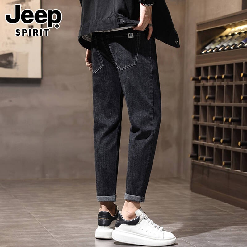 JEEPSPIRIT黑色牛仔裤男冬季加绒新款潮流韩版休闲小脚弹力九分裤