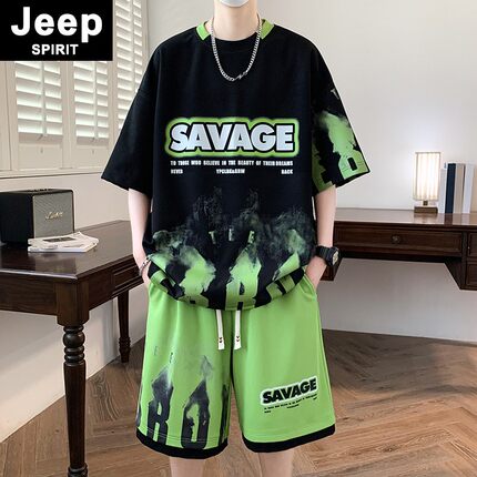 JEEPSPIRIT渐变色休闲运动套装男夏季冰丝短袖t恤短裤搭配一整套T