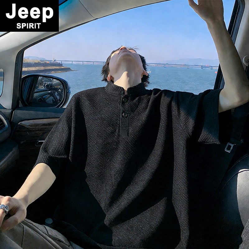 JEEPSPIRIT男T恤条纹宽松领短袖T恤男款大码情侣透气户外潮流