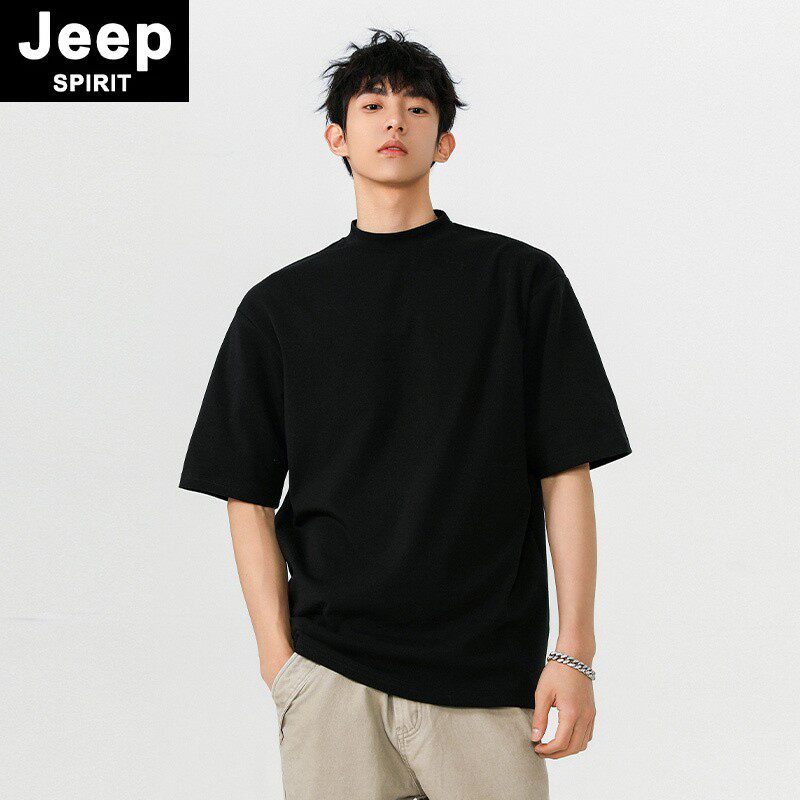 JEEPSPIRIT小领口正肩短袖t恤男款夏季美式半高领宽松休闲半袖衫