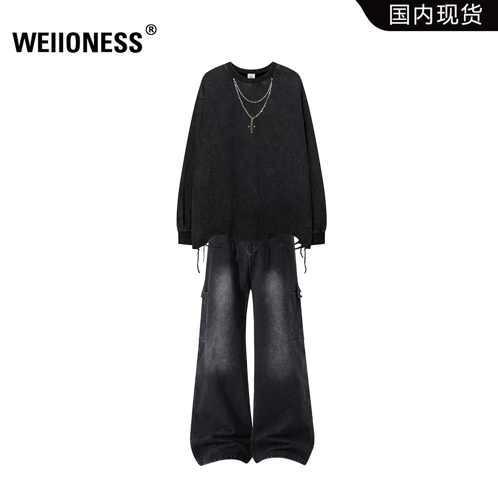 WEIIONESS美式长袖T恤套装男秋季破洞打底衫阔腿工装牛仔裤两件套