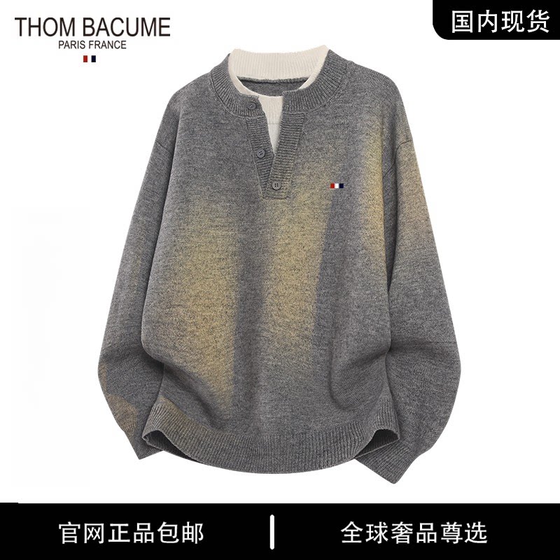THOM BACUME 假两件v领针织衫秋季男女慵懒简约拼接毛衣休闲上衣