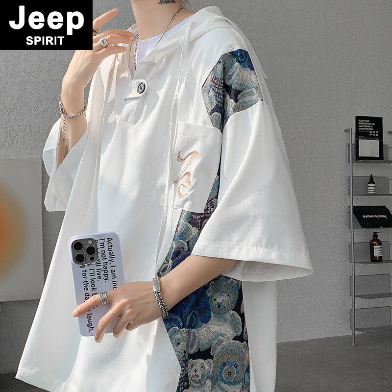 JEEPSPIRIT小熊刺绣连帽短袖t恤男夏季国风半袖宽松七分袖上衣ins