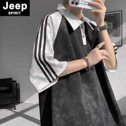 JEEPSPIRIT脏脏POLO衫短袖T恤男夏季插肩袖撞色翻领美式高街半袖