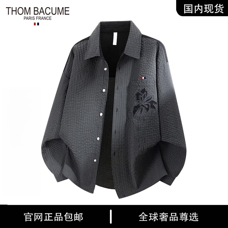 THOM BACUME 秋季大码美式格子翻领衬衫男士休闲长袖衬衣新款上衣