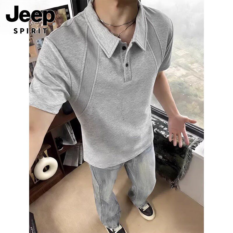 JEEPSPIRIT美式正肩短袖polo衫男款夏季重磅拼接cleanfit半袖t恤