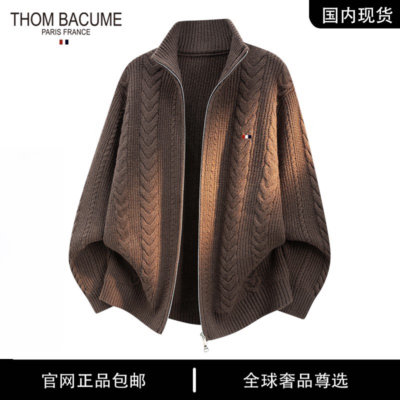 THOM BACUME 复古秋冬松弛感立领拉链宽松毛衣开衫男针织外搭上衣